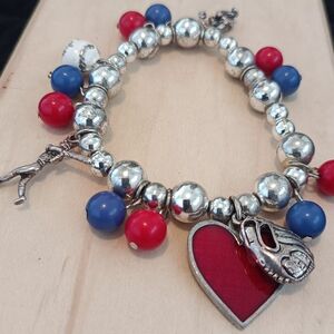 Red Heart Charm Beaded Bracelet with Blue and Red Accents